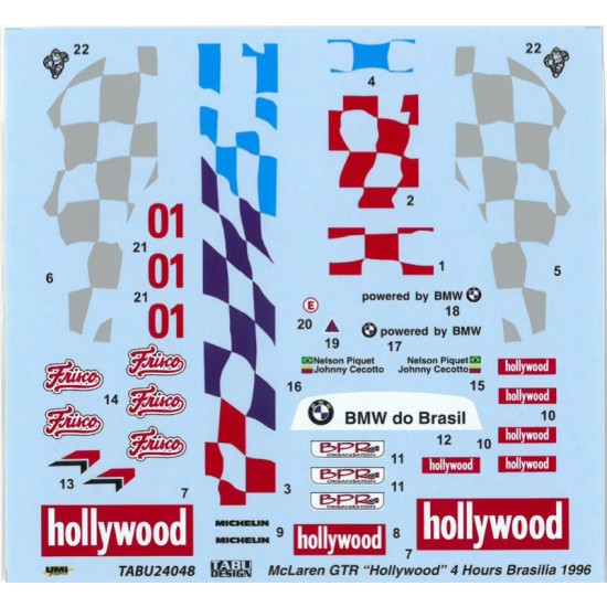 Decals for 1/24 McLaren F1-GTR #01 "Hollywood" 4Hours Brasilia 1996 (Short Tail)