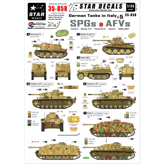 1/35 Decals for German Tanks in Italy #5 - SPGs and AFVs. Grille H,Marder III H,StuG IV...