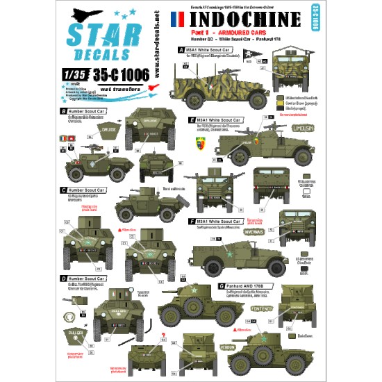 1/35 Decals for Indochine #1 - Armoured Cars White Scout Car, Humber SC, Panhard 178