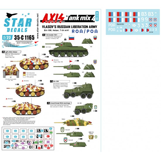 Decals for 1/35 Axis Mix #4 - ROA Vlahos's Liberation Army BA-10M, Hetzer, T-34 m/1941