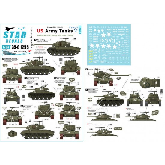 Decals for 1/35 US Tanks in Korea. M24 Chaffee, M26 Pershing, M45 105mm Pershing 1950-53