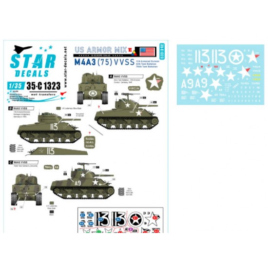 Decals for 1/35 US Armour #6 M4A3 75 W in Europe 44-45 11th Armored Div, 42th, 784th Tk Bn