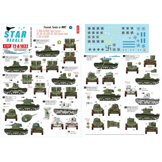 Decals for 1/72 WWII Finnish Tanks #4. T-26 m/31 Twin Turret, m/39, OT- 26, 130, 133