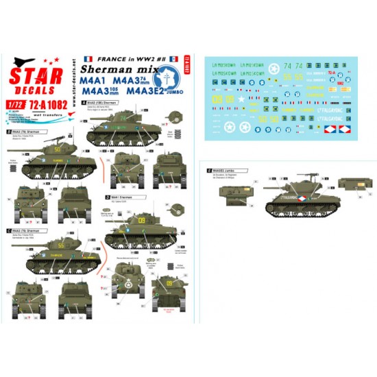 Decals for 1/72 French Sherman Mix. M4A1, M4A3 105mm, 76mm & M4A3E2 Jumbo