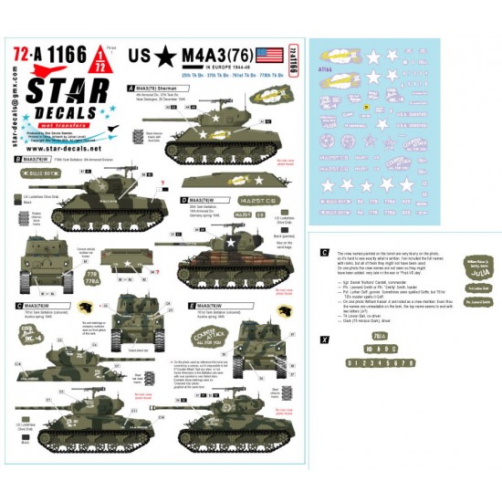 1/72 US M4A3(76) in Europe 1944-45 Decal for 'Thunderbolt', 'Cool Studs Inc' etc