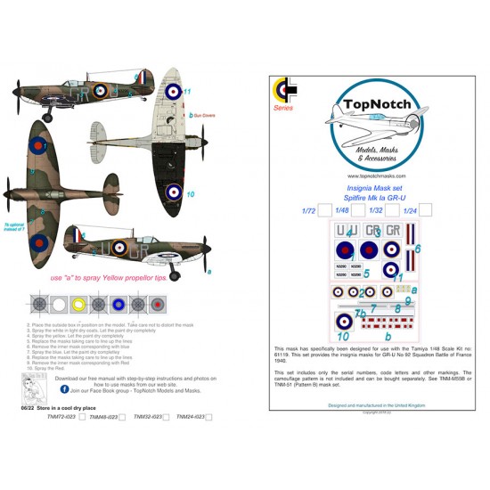 1/48 Spitfire Mk 1a GR-U Insignia Masks