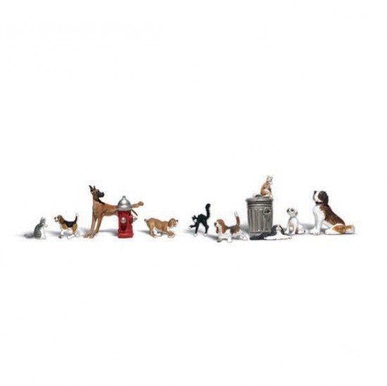 HO Scale Dogs & Cats (10 animals, 1 trashcan, 1 fire hydrant)