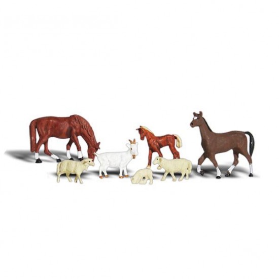 HO Scale Livestock (3 sheep, 3 horses, 1 goat)