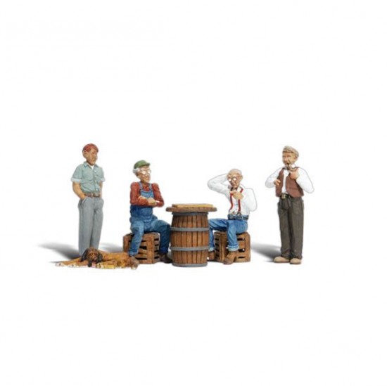 HO Scale Checker Players (4 figures, 1 dog, 1 whiskey barrel)